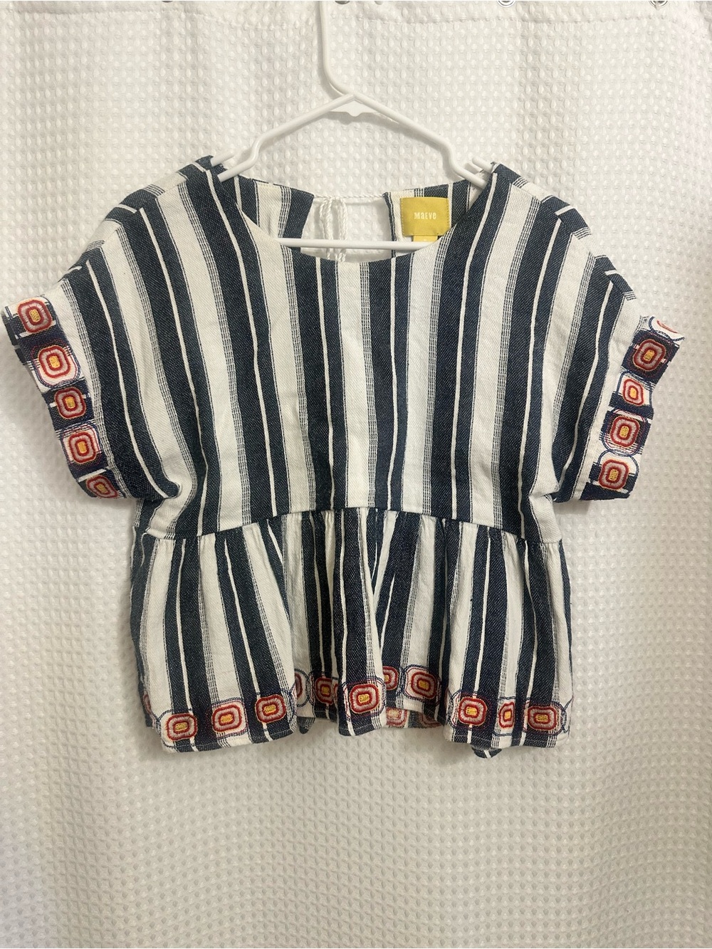 Anthropology Maeve Navy & White Striped Peplum Top with Embroidered Trim